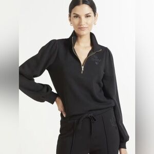 Evereve Love Squad Sweatshirt Women XL Half Zip Puff Sleeve Preppy Sporty Black